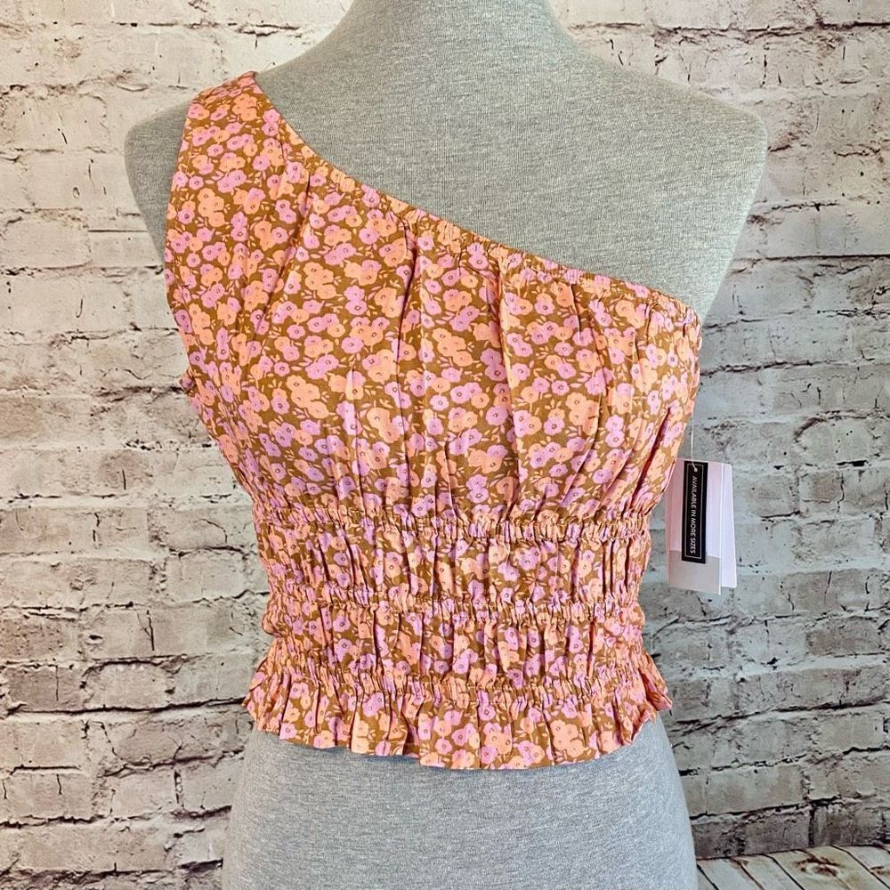 BP Womens Pink Tan Smocked One Shoulder Allison Floral Crop Top Size Small NWT